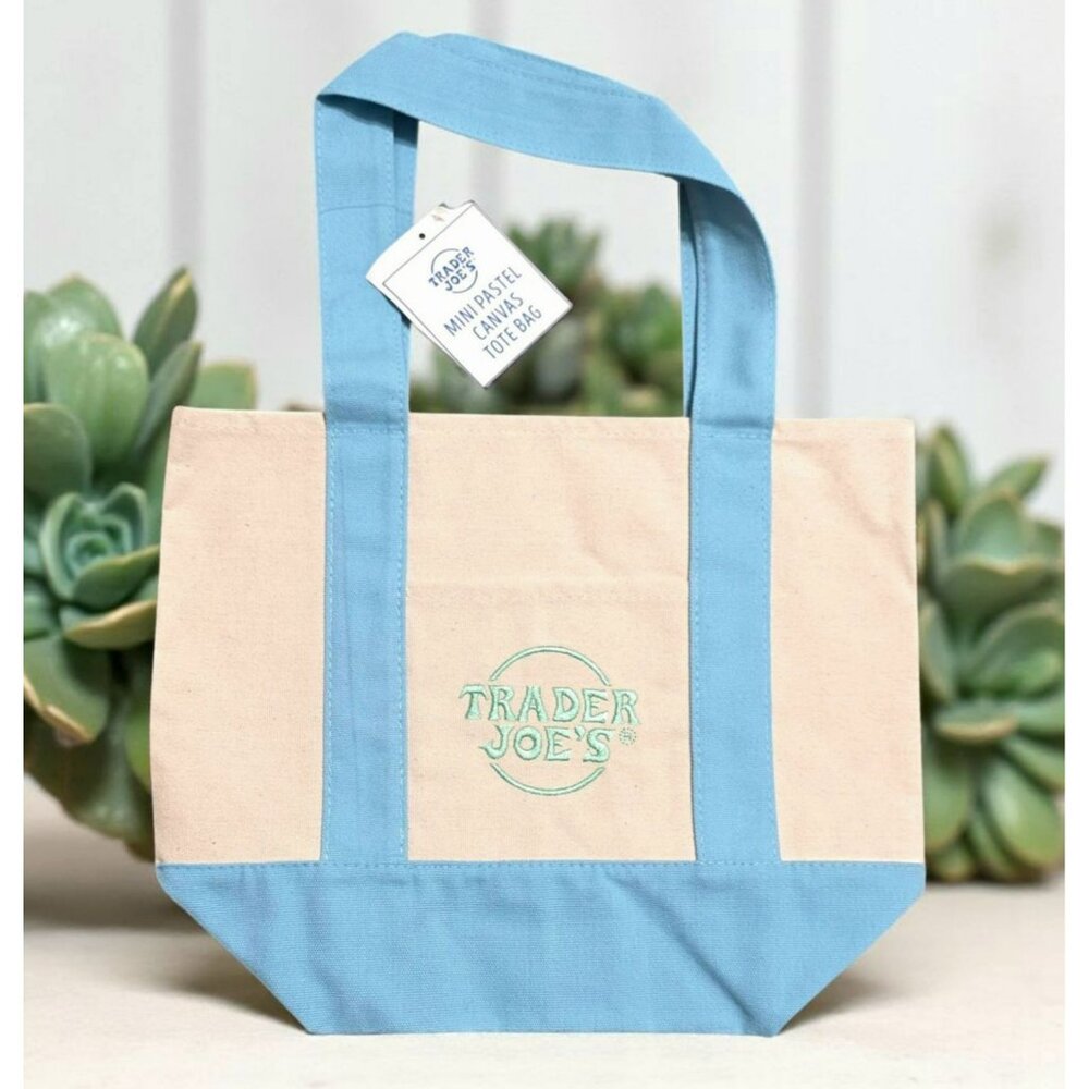 Trader Joes Canvas Tote Bag Pastel Blue Beige Reusable Grocery Book Sack Travel